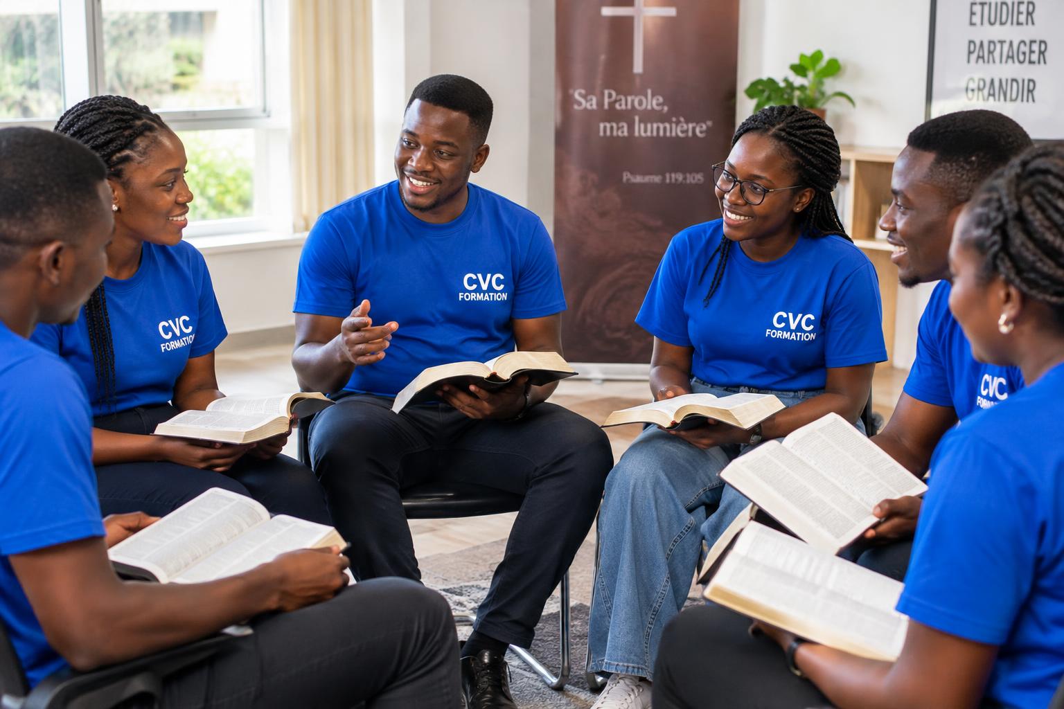 Jeunes étudiants CVC FORMATION étudiant la Bible en groupe